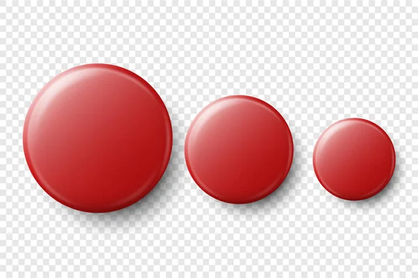 Vector 3D Realistic Red Metal, Plástico em branco botão emblema conjunto tamanhos diferentes Closeup isolado em fundo transparente. Vista superior. Modelo para Identidade de Marca, Apresentações Gráficas. Mock-up —  Vetores de Stock