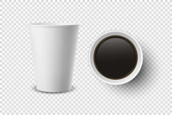 Vector 3d Realisztikus eldobható nyitott papír, műanyag kávé kupa italok ikon készlet Szekrény izolált átlátható háttér. Tervezz sablont, Mockup. Top és Front View — Stock Vector