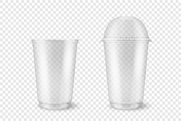 Vettore realistico 3d vuoto aperto in plastica trasparente, chiuso monouso tazza set primo piano isolato su sfondo trasparente. Modello di design di imballaggio Mockup per grafica Milkshake, tè, succo di frutta, limonata — Vettoriale Stock