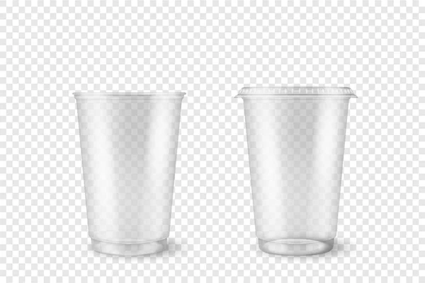 벡터 현실적 인 3D 빈 투명 플라스틱 개방, 닫힌 일회용 컵은 투명 한 배경에서 분리 된다. 그래픽 - 밀크셰이크, 차, 쥬스, 레모네이드 - 을 위한 모조품 — 스톡 벡터