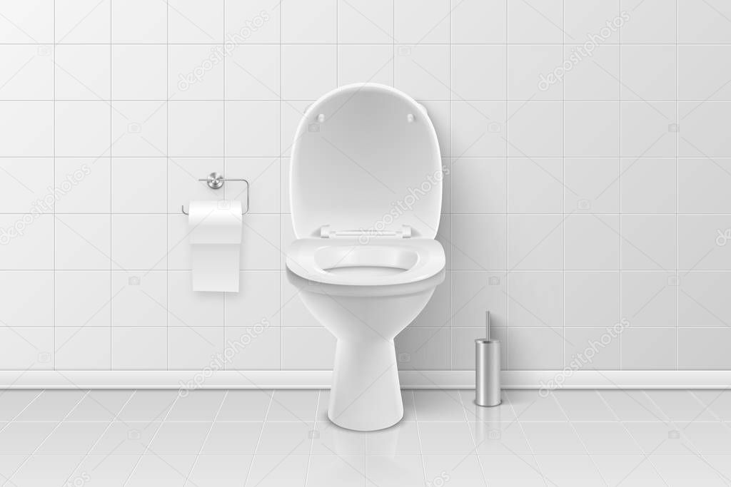 Vector 3d Realistic White Ceramic Toilet, Brush and Toilet Paper in the Bathroom, Toilet Room. Opened Toilet Bowl with Lid. Plumbing, Mockup, Design Template for Interior, Cleaning, Hygiene Concept
