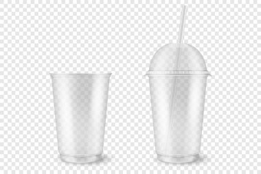 Vektör Gerçekçi 3d Boş Temizlik Plastiği Açıldı, Kapalı Yenilenebilir Kupa ve Şeffaf Arkaplan 'da Hasır Küme Kapalı. Grafikler için Milkshake, Çay, Meyve Suyu Paketleme Şablonu Tasarımı