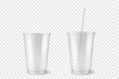 Vektör Gerçekçi 3d Boş Temizlik Plastiği Açıldı, Kapalı Yenilenebilir Kupa ve Şeffaf Arkaplan 'da Hasır Küme Kapalı. Grafikler için Milkshake, Çay, Meyve Suyu Paketleme Şablonu Tasarımı