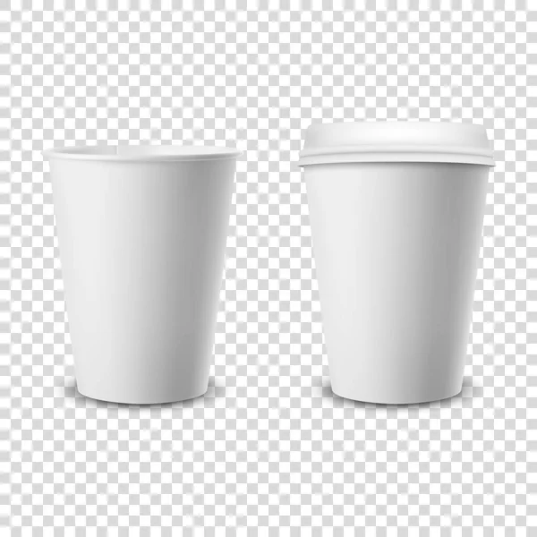 벡터 3D 현실적 인 일회용으로 뚜껑 종이, 플라스틱 커피 컵으로 문을 열고 닫는다. 디자인 템플릿, 샘플 업. 상단 및 전면 뷰 — 스톡 벡터