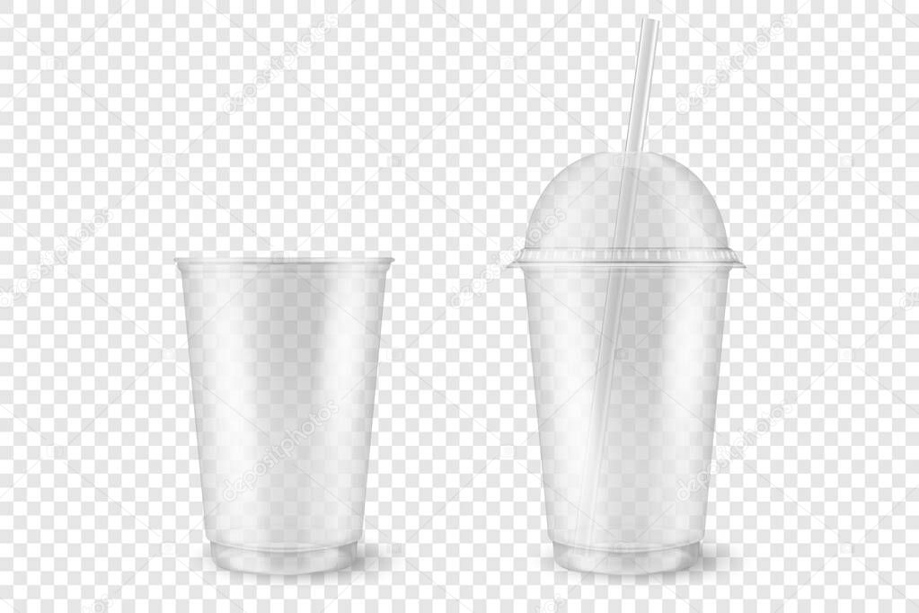 Vector Realistic 3d Empty Clear Plastic Opened, Closed Disposable Cup with Straw Set Closeup Isolated on Transparent Background. Design Template of Milkshake, Tea, Juice Packaging Mockup for Graphics.