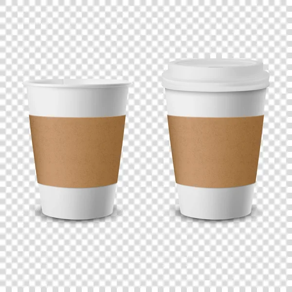 Vettore 3d realistico monouso aperto e chiuso con coperchio di carta, tazza di caffè in plastica per bevande Icona Set Closeup isolato su sfondo trasparente. Modello di design, Mockup. Vista superiore e anteriore — Vettoriale Stock