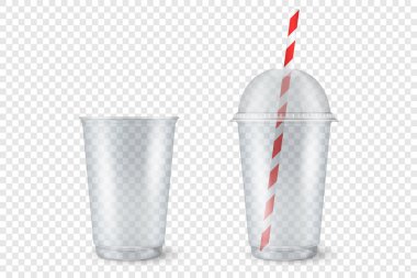 Vektör Gerçekçi 3d Boş Temizlik Plastiği Açıldı, Kapalı Yenilenebilir Kupa ve Şeffaf Arkaplan 'da Hasır Küme Kapalı. Grafikler için Milkshake, Çay, Meyve Suyu Paketleme Şablonu Tasarımı
