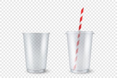 Vektör Gerçekçi 3d Boş Temizlik Plastiği Açıldı, Kapalı Yenilenebilir Kupa ve Şeffaf Arkaplan 'da Hasır Küme Kapalı. Grafikler için Milkshake, Çay, Meyve Suyu Paketleme Şablonu Tasarımı