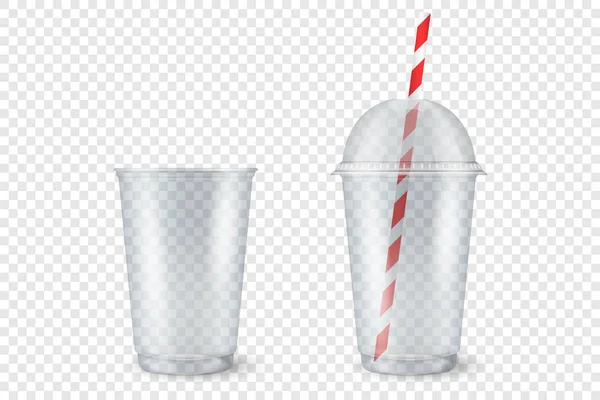 Vektor realistische 3D leeren klaren Kunststoff geöffnet, geschlossen Einwegbecher mit Stroh-Set Nahaufnahme isoliert auf transparentem Hintergrund. Design-Vorlage für Milchshake, Tee, Saftverpackungsattrappe für Grafiken — Stockvektor