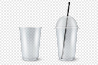 Vektör Gerçekçi 3d Boş Temizlik Plastiği Açıldı, Kapalı Yenilenebilir Kupa ve Şeffaf Arkaplan 'da Hasır Küme Kapalı. Grafikler için Milkshake, Çay, Meyve Suyu Paketleme Şablonu Tasarımı