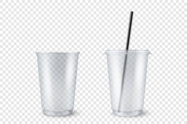 Vektör Gerçekçi 3d Boş Temizlik Plastiği Açıldı, Kapalı Yenilenebilir Kupa ve Şeffaf Arkaplan 'da Hasır Küme Kapalı. Grafikler için Milkshake, Çay, Meyve Suyu Paketleme Şablonu Tasarımı