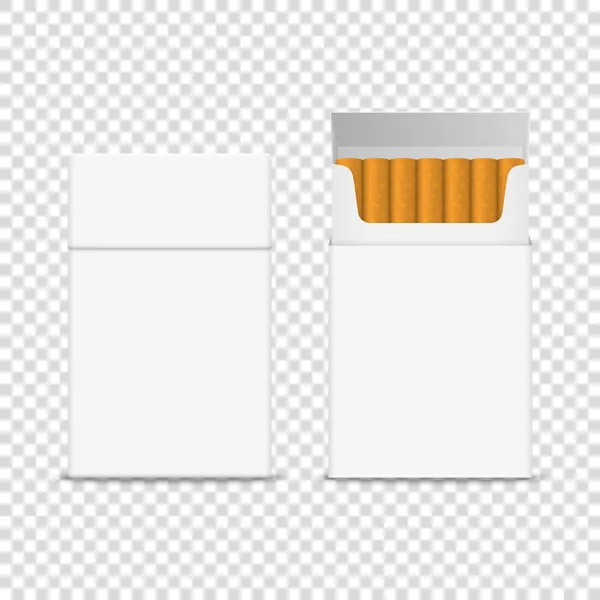 Vector 3d realista cerrado y abierto claro en blanco paquete de cigarrillos caja icono conjunto primer plano aislado sobre fondo transparente. Plantilla de diseño. Concepto del problema del humo, tabaco, burla del cigarrillo — Archivo Imágenes Vectoriales