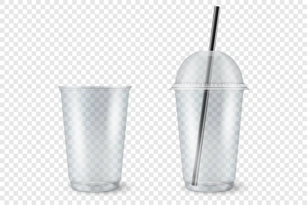 Векторный реалистичный 3d пустой прозрачный пластик Открытая, закрытая одноразовая чашка с Соломенной Набор крупным планом Изолированный на прозрачном фоне. Дизайн шаблон молочный коктейль, чай, сок упаковки макет для графики — стоковый вектор