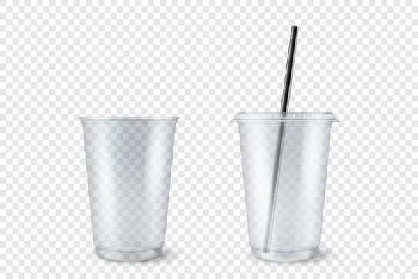 矢量现实主义3D空的透明塑料开口，闭合可处置杯与秸秆集闭锁分离的透明背景。用于图形学的奶昔、茶、果汁包装模型的设计模板 — 图库矢量图片