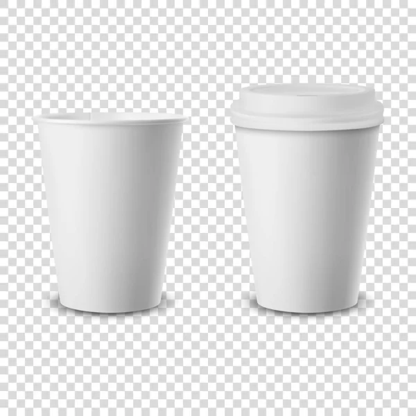 벡터 3D 현실적 인 일회용으로 뚜껑 종이, 플라스틱 커피 컵으로 문을 열고 닫는다. 디자인 템플릿, 샘플 업. 전면 전경 — 스톡 벡터