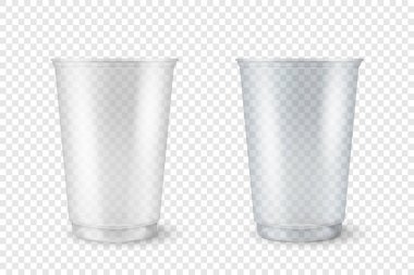 Vektör Gerçekçi 3d Boş Temiz Plastik Açıldı, Kapalı Yenilenebilir Kupa Seti Şeffaf Arkaplanda izole edildi. Grafikler için Milkshake, Çay, Meyve Suyu Paketleme Şablonu Tasarımı