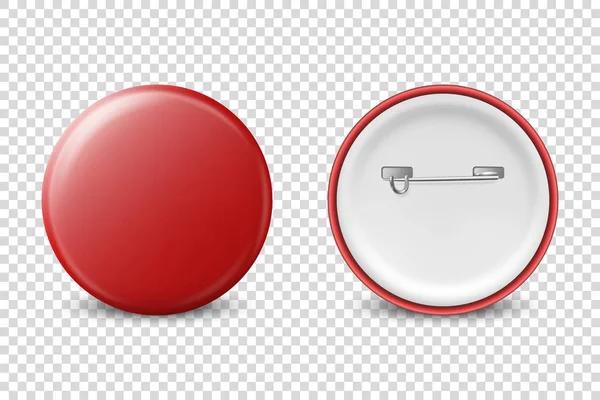 Vector 3D Realistic Red Metal, conjunto de ícones de ícone de botão em branco de plástico isolado em fundo transparente. Vista frontal e traseira. Modelo para Identidade de Marca, Logotipo, Apresentações. Mock-up —  Vetores de Stock
