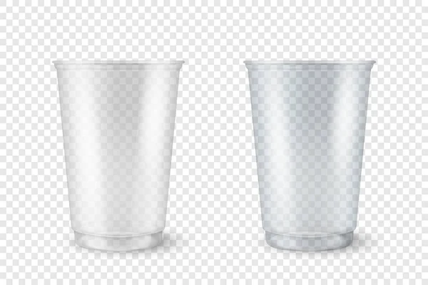 Vector réaliste 3d vide plastique clair ouvert, fermé ensemble de tasse jetable Fermer isolé sur fond transparent. Modèle de conception de milkshake, thé, jus d'emballage Mockup pour graphiques — Image vectorielle