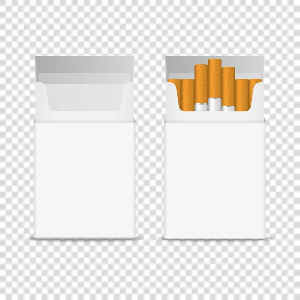 Vector 3d Realistic Opened Clear Blank Empty and with Cigarettes Pack Box Icon Set Closeup Isolated on Transparent Background. Design Template. Smoke Problem Concept,Tobacco, Cigarette Mockup — Stock Vector