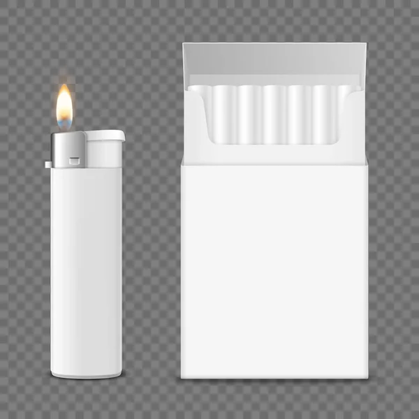 Vector 3d Realistisch Gesloten Clear Blank Sigaret Pack Box met Sigaretten en Lichter met Vlam Afgesloten op transparante achtergrond. Ontwerp sjabloon. Rookprobleem Concept, Tabak, Mockup — Stockvector