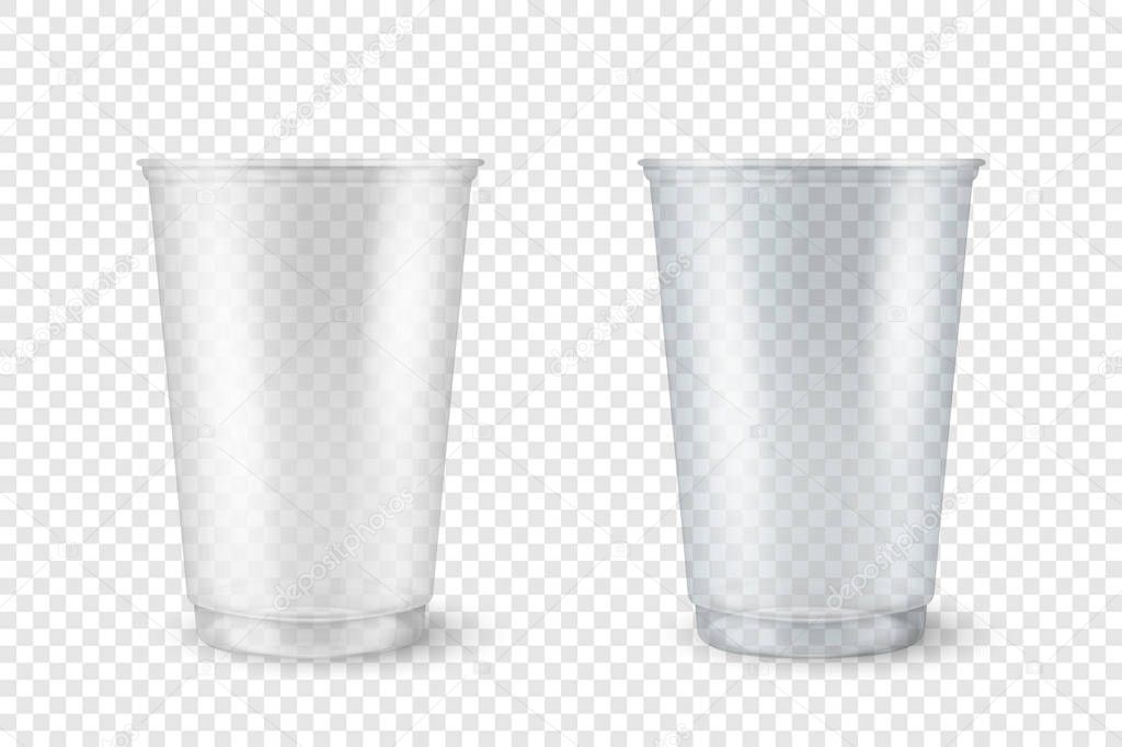 Vector Realistic 3d Empty Clear Plastic Opened, Closed Disposable Cup Set Closeup Isolated on Transparent Background. Design Template of Milkshake, Tea, Juice Packaging Mockup for Graphics.