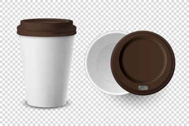 Vektör 3d Gerçekçi Tek Kullanıcı Kağıt Açıldı ve Kapandı, İçecekler İçin Plastik Kahve Kupası Şeffaf Arkaplan 'da izole edildi. Tasarım Şablonu, Mockup. Üst ve Ön Görünüm