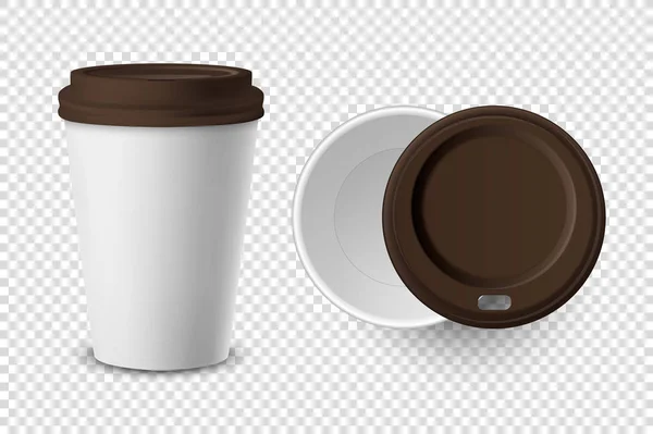 Vektor 3d realistické jednorázové otevřené a uzavřené s víkem papíru, plastový šálek kávy pro nápoje Ikona Set Closeup Izolované na průhledném pozadí. Šablona designu, Mockup. Pohled shora a zepředu — Stockový vektor