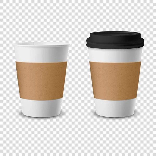 Vector 3d Realistisk Disposable Åbnet og lukket med låg papir, Plastic Coffee Cup for Drikkevarer Ikon Set Closeup Isoleret på Transparent Baggrund. Design Skabelon, Mockup. Forside visning – Stock-vektor