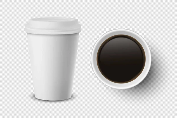 Vektor 3D realistische Einweg geöffnetes Papier, Plastikkaffeebecher für Getränke Icon Set Nahaufnahme isoliert auf transparentem Hintergrund. Design-Vorlage, Attrappe. Ansicht von oben und von vorne — Stockvektor