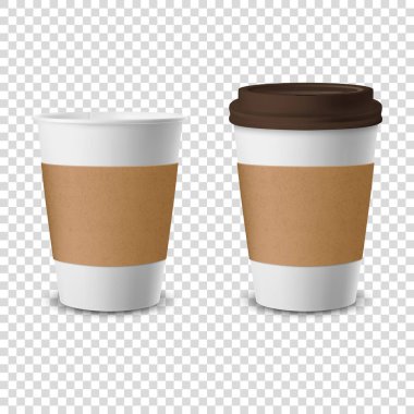 Vektör 3d Gerçekçi Tek Kullanıcı Kağıt Açıldı ve Kapandı, İçecekler İçin Plastik Kahve Kupası Şeffaf Arkaplan 'da izole edildi. Tasarım Şablonu, Mockup. Ön Görünüm