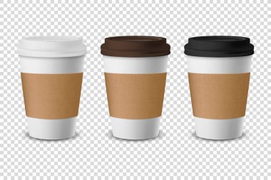 Vektör 3d Gerçekçi Tek Kullanılabilir Kağıt, Beyaz, Kahverengi ve Siyah Lid Kapalı İçecekler İçin Plastik Kahve Kupası Şeffaf Arkaplanda izole edildi. Tasarım Şablonu, Mockup. Ön Görünüm
