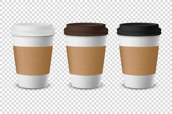 벡터 3 차원 현실적 인 일회용 종이, 플라스틱 커피 컵, 흰색, 갈색, 검정 색 뚜껑 이 있는 음료는 투명 한 배경에 분리 된다. 디자인 템플릿, 샘플 업. 전면 전경 — 스톡 벡터