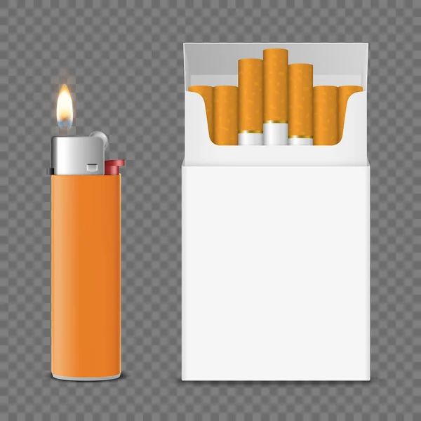 Vector Realistic Opened Blank Cigarette Pack Box with Cigarettes and Orange Lighter with Flame Set Closeup Isolated on Transparent Background. Design Template. Smoke Problem Concept, Tobacco, Mockup — Stock Vector