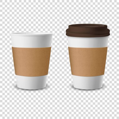 Vektör 3d Gerçekçi Tek Kullanıcı Kağıt Açıldı ve Kapandı, İçecekler İçin Plastik Kahve Kupası Şeffaf Arkaplan 'da izole edildi. Tasarım Şablonu, Mockup. Ön Görünüm