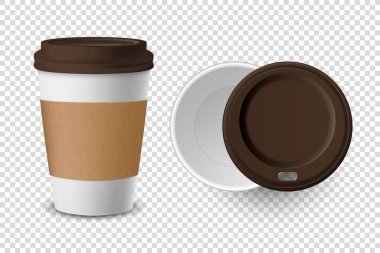 Vektör 3d Gerçekçi Tek Kullanılabilir Kağıt, İçecekler için Plastik Kahve Kupası Şeffaf Arkaplanda Kapanış Yapılandırıldı. Tasarım Şablonu, Mockup. Üst ve Ön Görünüm