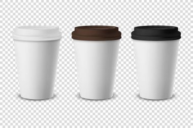 Vektör 3d Gerçekçi Tek Kullanılabilir Kağıt, Beyaz, Kahverengi ve Siyah Lid Kapalı İçecekler İçin Plastik Kahve Kupası Şeffaf Arkaplanda izole edildi. Tasarım Şablonu, Mockup. Ön Görünüm