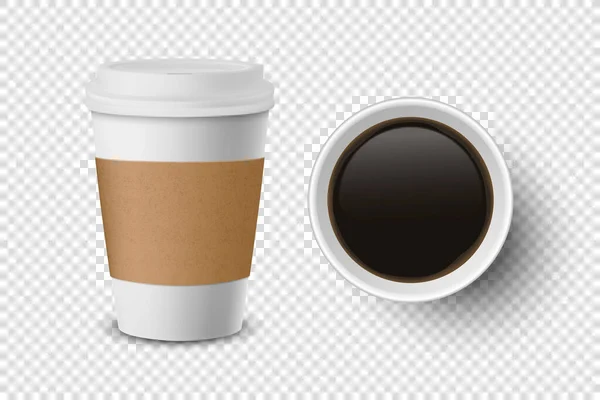 Papel abierto desechable realista del vector 3d, taza de café plástica para el primer plano del sistema del icono de las bebidas aislado en fondo transparente. Plantilla de diseño, burla. Vista superior y frontal — Vector de stock