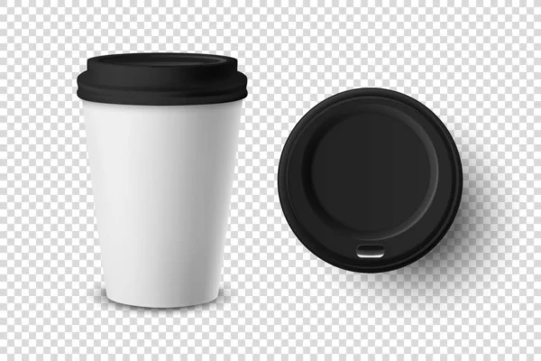 Vektorový 3D realistický jednorázový otevřený papír, plastový šálek kávy pro nápoje Ikona Set Closeup Izolované na průhledném pozadí. Šablona designu, Mockup. Pohled shora a zepředu — Stockový vektor