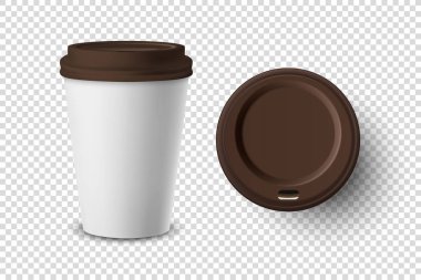 Vektör 3d Gerçekçi Tek Kullanılabilir Kağıt, İçecekler için Plastik Kahve Kupası Şeffaf Arkaplanda Kapanış Yapılandırıldı. Tasarım Şablonu, Mockup. Üst ve Ön Görünüm