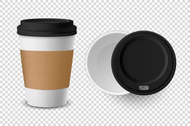Vektör 3d Gerçekçi Tek Kullanılabilir Kağıt, İçecekler için Plastik Kahve Kupası Şeffaf Arkaplanda Kapanış Yapılandırıldı. Tasarım Şablonu, Mockup. Üst ve Ön Görünüm