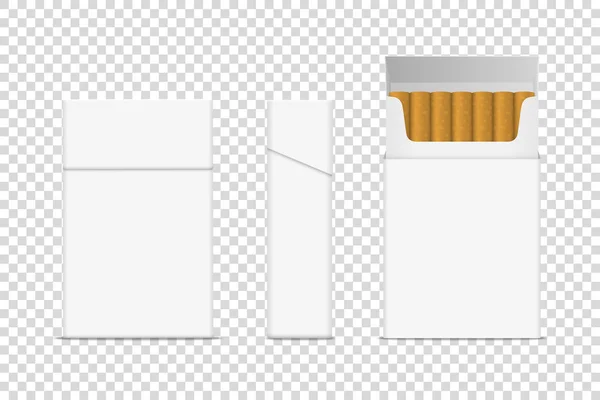 Vektorové realistické zavřené a otevřené prázdné balení cigaret Set Closeup izolované. Navrhnout šablonu. Koncept problému s kouřem, tabák, cigarety. Pohled zepředu a z boku — Stockový vektor