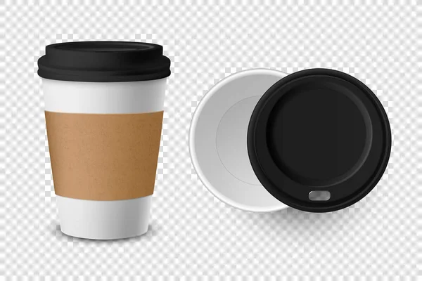 Papel abierto desechable realista del vector 3d, taza de café plástica para el primer plano del sistema del icono de las bebidas aislado en fondo transparente. Plantilla de diseño, burla. Vista superior y frontal — Vector de stock