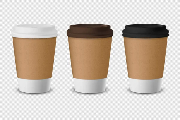 Вектор 3d Реалистичный одноразовый закрытая бумага, пластиковые чашки кофе для напитков с белым, коричневым и черным набором крышки крупным планом изолированы на прозрачном фоне. Шаблон дизайна, макет. Вид спереди — стоковый вектор
