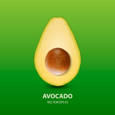 Vektör 3d Gerçekçi Yarım Avokado ve Tohum Kapanışı Yeşil Arka plan 'da izole edildi. Tasarım Şablonu, Gıda, Sağlık, Diyet Konsepti. Ön Görünüm