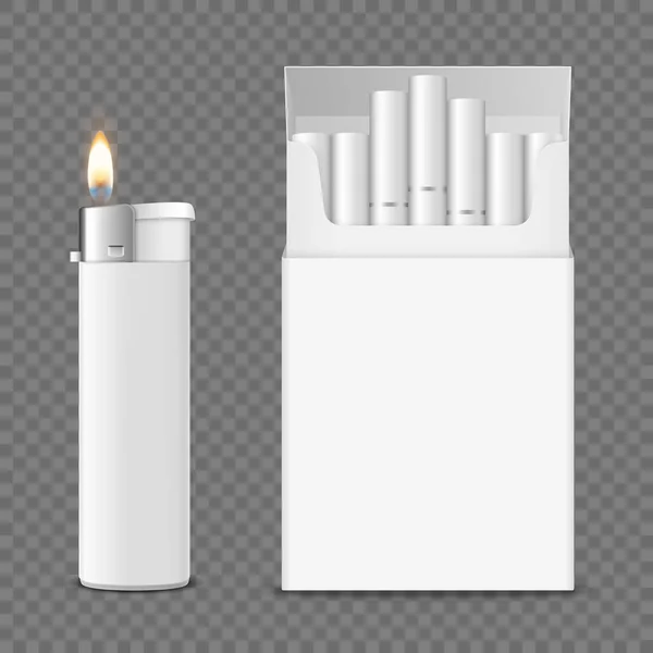 Caixa de embalagem de cigarro em branco transparente aberta realista vetorial 3d com cigarros e isqueiro com conjunto de chamas Fechar Isolado em fundo transparente. Modelo de design. Problema de Fumaça Conceito, Tabaco, Mockup — Vetor de Stock