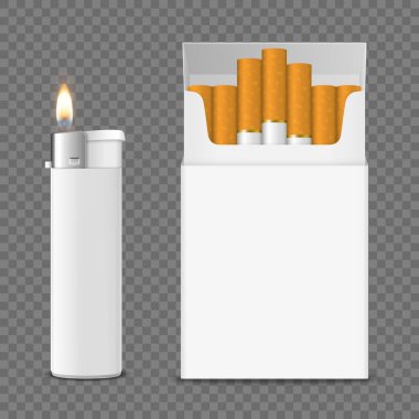 Vektör 3d Gerçekçi Açık Boş Sigara Paketi Sigara Paketi ve Şeffaf Arkaplanda izole edilmiş Flame Set Kapalı Çakmak. Tasarım Şablonu. Sigara problemi kavramı, tütün, maket