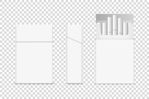 Vector Realistic Closed and Opened Clear Blank Cigarette Pack Set Closeup Isolated. Дизайн шаблона. Концепция проблем с дымом, табак, макет сигарет. Вид спереди и сбоку — стоковый вектор