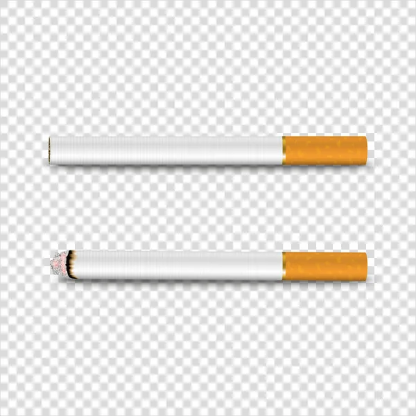 Vector 3d Realistic Clear Blank Whole and Lit Cigarette Icon Set Closeup Isolated on Transparent Background. Design Template. Smoke Problem Concept, Tobacco, Cigarette Mockup. Front, Top, Side View — Stock Vector