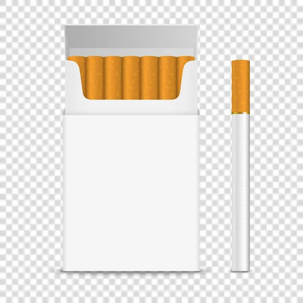 Caixa de embalagem de cigarro em branco claro aberto realista vetorial e conjunto de cigarro Fechar isolado em fundo transparente. Modelo de design. Conceito de Problema de Fumaça, Tabaco, Mockup de cigarro. Vista frontal — Vetor de Stock