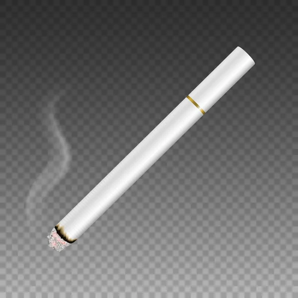 Vector 3D Realista Branco Claro Branco Lit Cigarro Inteiro com Ícone de Fumaça Closeup Isolado em Fundo Transparente. Modelo de design. Problema de fumo Conceito, Tabaco, Mockup de cigarro — Vetor de Stock